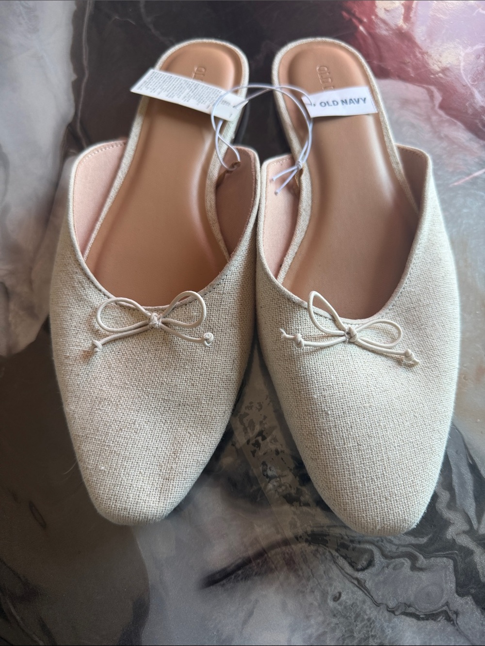 Old Navy Women’s Linen Look Ballet Mule Flats Beige Square Toe Bow Size 9 NWT